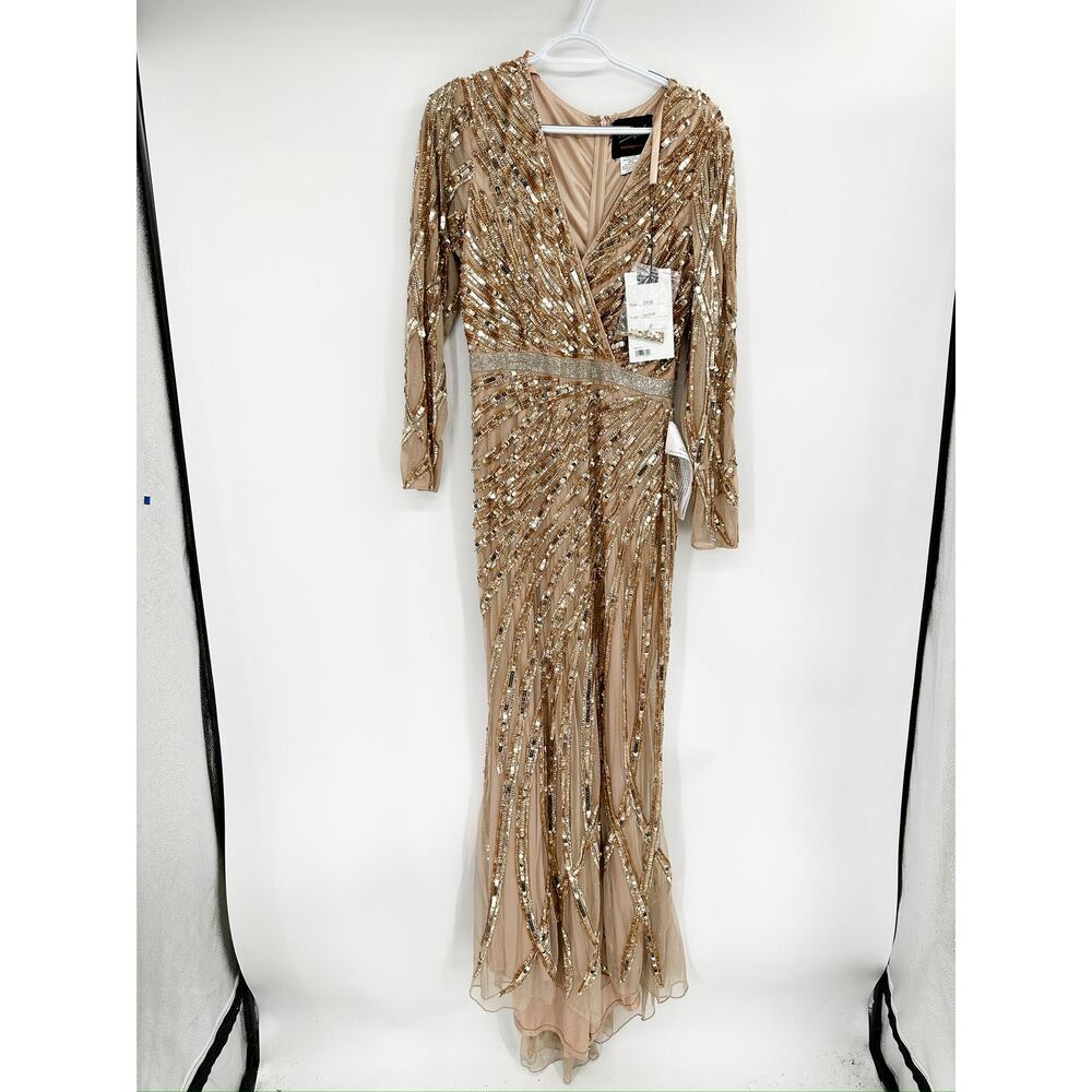 Mac Duggal 5438 Gold Copper Long Sleeve Streaked Sequin Gown Size 8 NWT - Picture 4 of 9